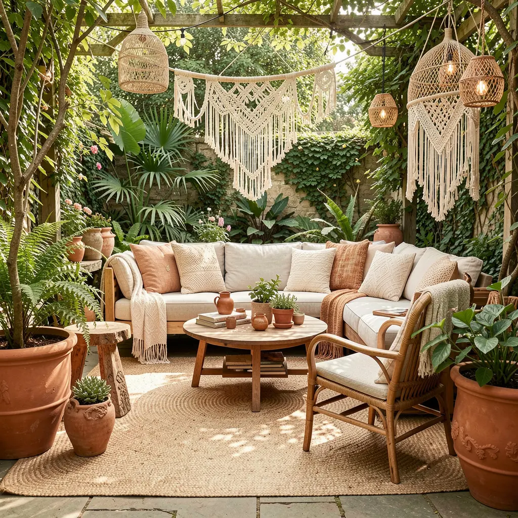 Bohemian garden lounge with woven jute rug and terracotta planters