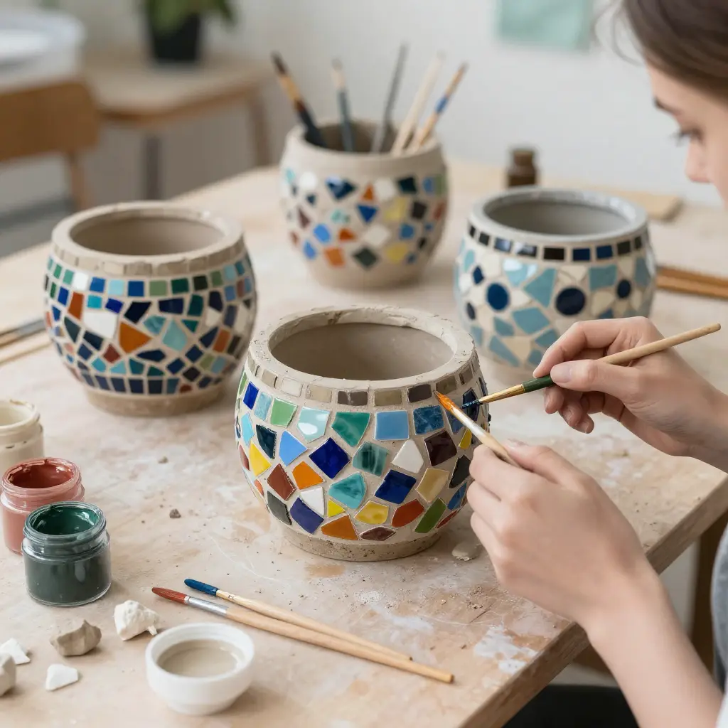 Artisan garden decoration workshop with handcrafted planters